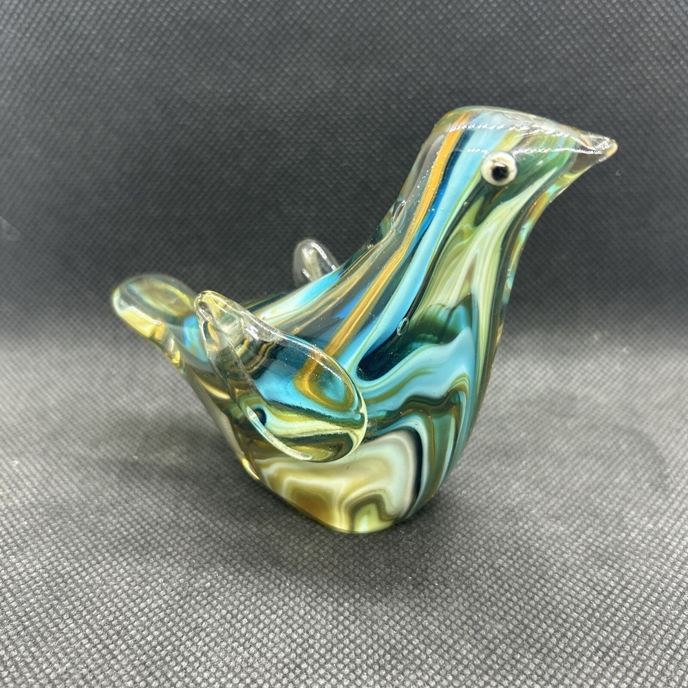 Blown Glass Art Blue Swirl Bird Paperweight Figurine Glass Bird Murano Style 3"